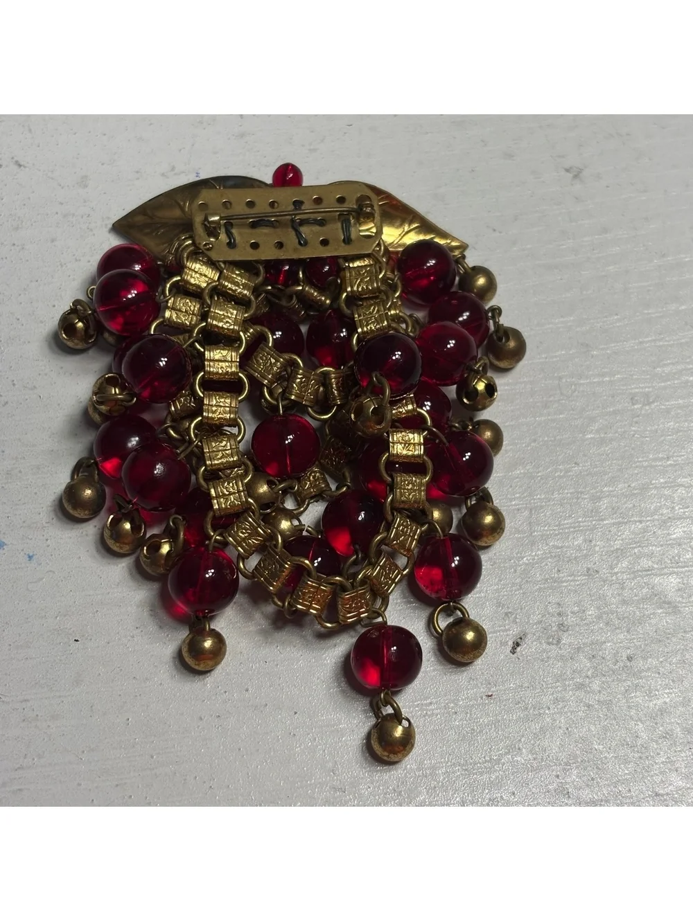 Early Verified Miriam Haskell Red Glass & Brass Bead Large Brooch